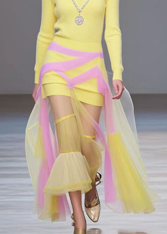 Yellow Patchwork Tulle Long Knit Dress Fall