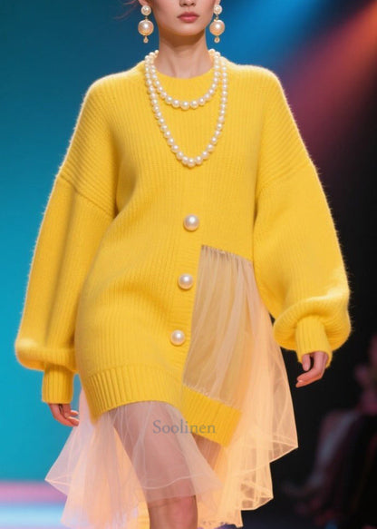 Yellow Pearl Patchwork Tulle Sweater Dress Winter