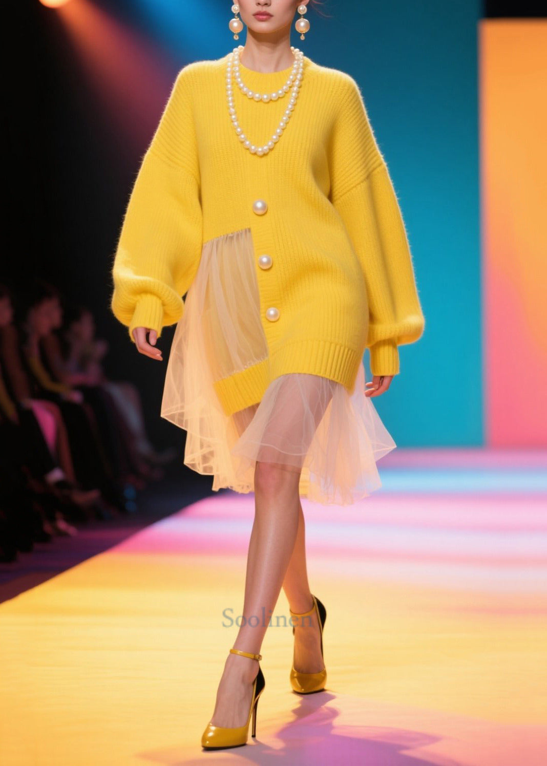 Yellow Pearl Patchwork Tulle Sweater Dress Winter