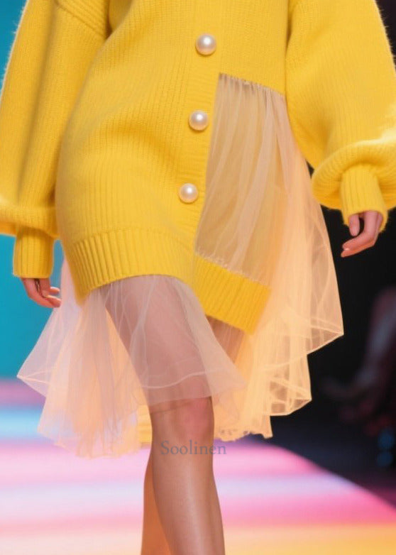 Yellow Pearl Patchwork Tulle Sweater Dress Winter