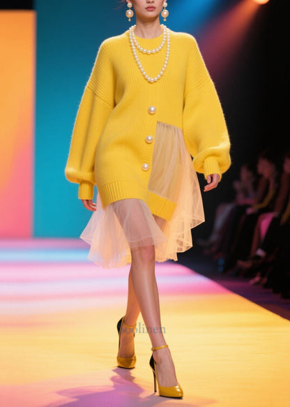 Yellow Pearl Patchwork Tulle Sweater Dress Winter