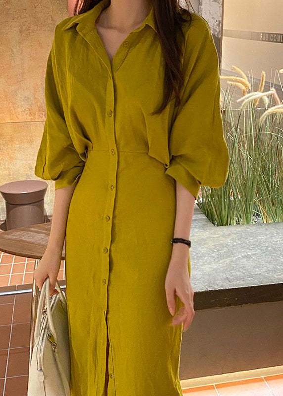 Yellow Peter Pan Collar Cinched Cotton Shirt Dresses Lantern Sleeve