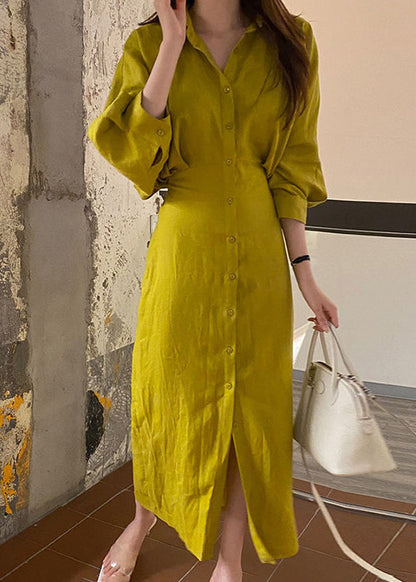 Yellow Peter Pan Collar Cinched Cotton Shirt Dresses Lantern Sleeve