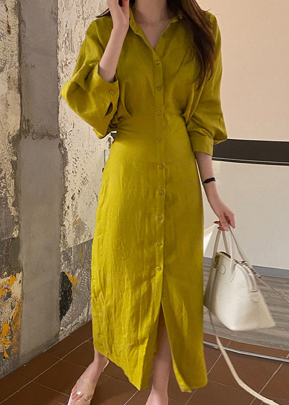 Yellow Peter Pan Collar Cinched Cotton Shirt Dresses Lantern Sleeve