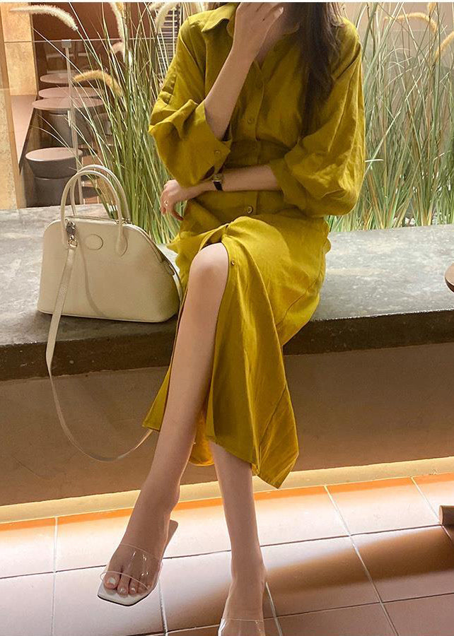 Yellow Peter Pan Collar Cinched Cotton Shirt Dresses Lantern Sleeve