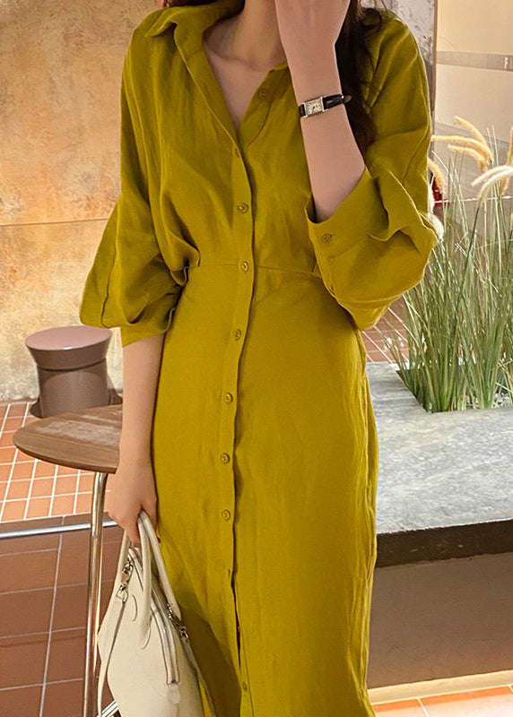 Yellow Peter Pan Collar Cinched Cotton Shirt Dresses Lantern Sleeve