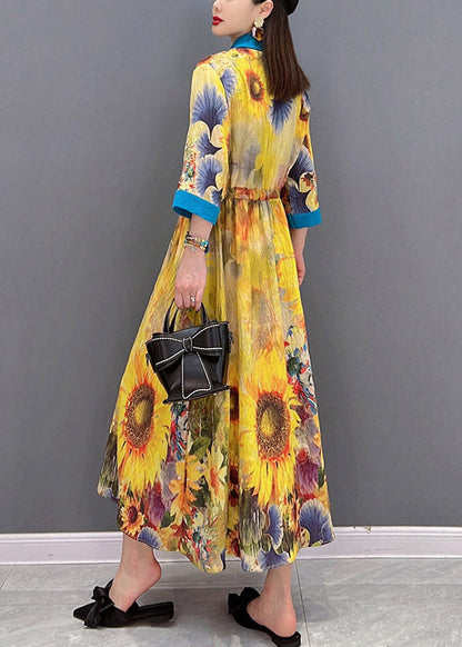 Yellow Peter Pan Collar Print Button Tie Waist Dresses Half Sleeve