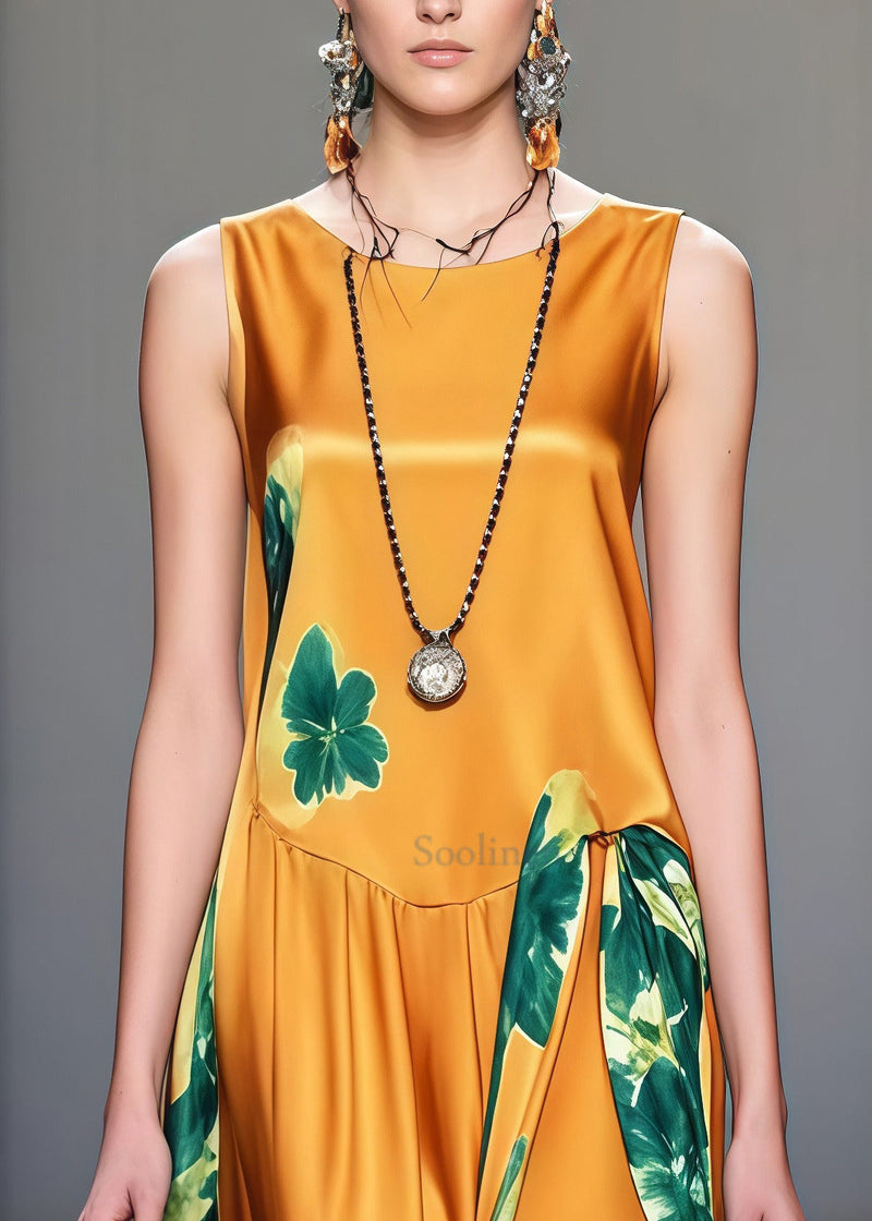 Yellow Print Draping Silk Maxi Dresses Sleeveless