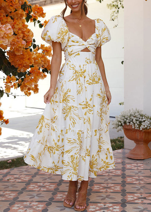 Yellow Print Hollow Out Cotton Long Dress Summer