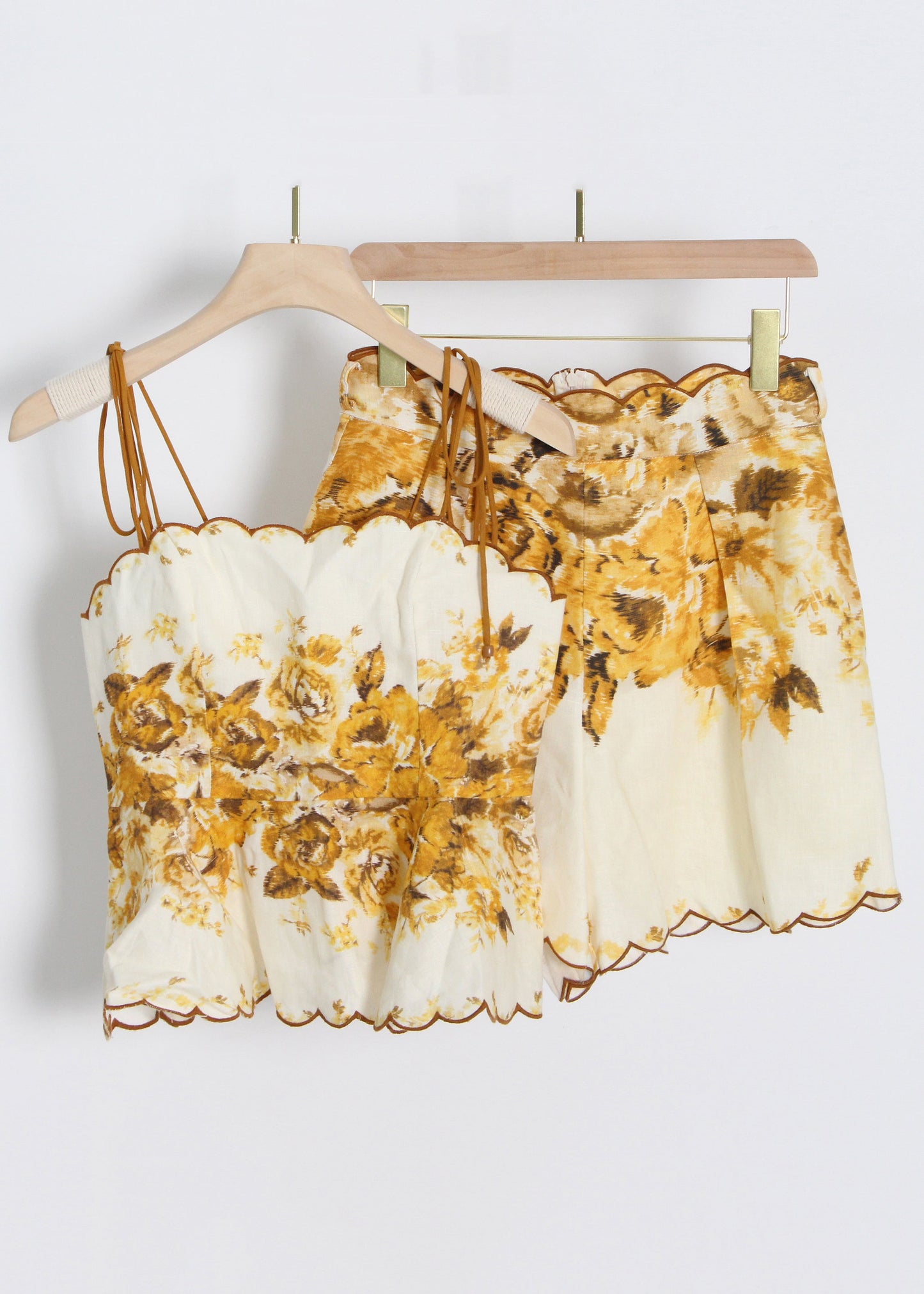 Yellow Print Spaghetti Strap Tank and Shorts Cotton Two Pieces Set Sleeveless