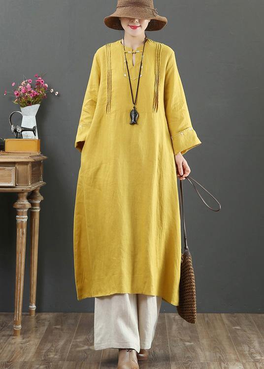 Yellow Quilting Clothes Stand Collar Pockets Long Spring Dress