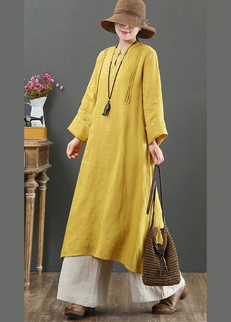 Yellow Quilting Clothes Stand Collar Pockets Long Spring Dress