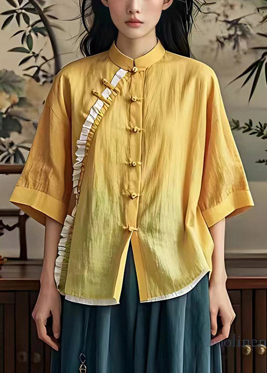 Yellow Ruffled Chinese Button Linen Shirt Summer