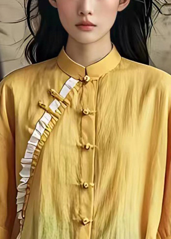 Yellow Ruffled Chinese Button Linen Shirt Summer