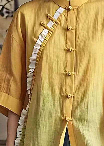Yellow Ruffled Chinese Button Linen Shirt Summer