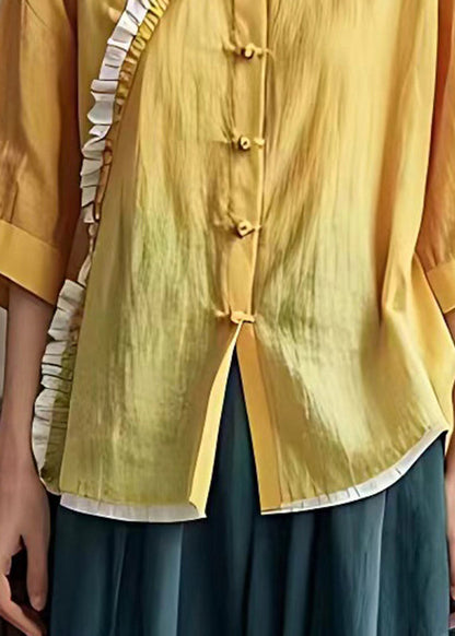 Yellow Ruffled Chinese Button Linen Shirt Summer