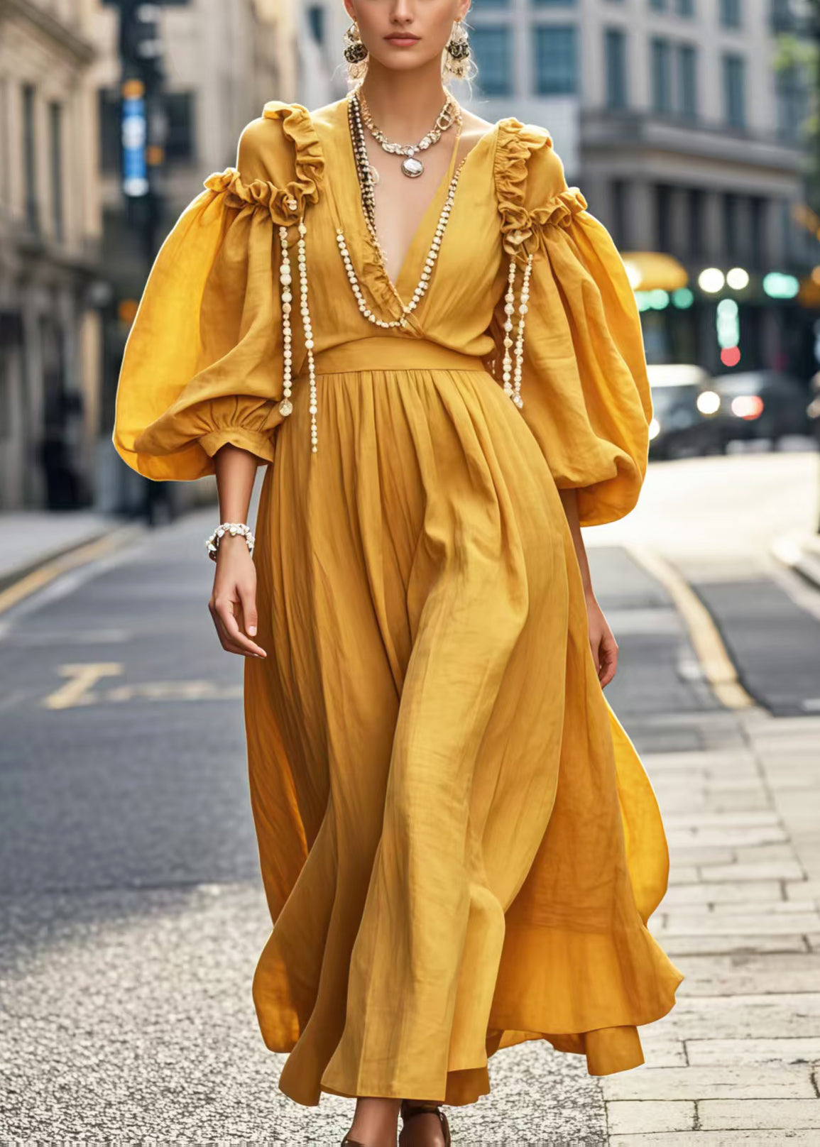 Yellow Ruffled Cotton Dresses Puff Sleeve