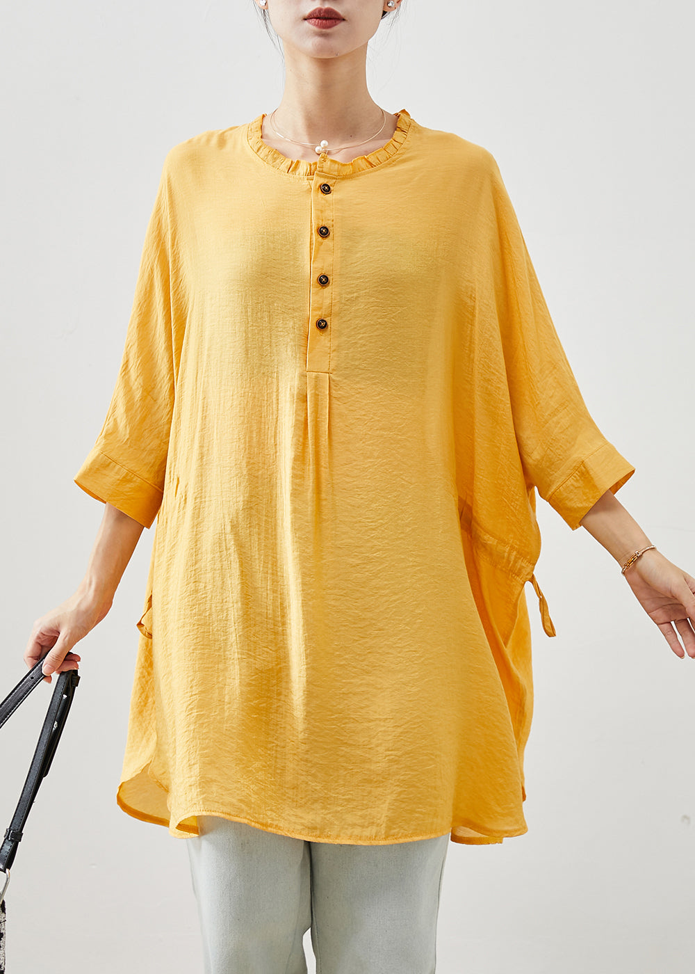 Yellow Ruffled Oversized Linen Holiday Dress Summer