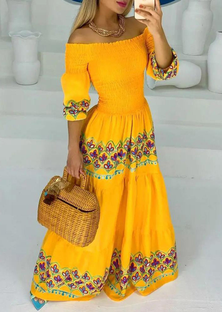 Yellow Slash Neck Print Cotton Maxi Dresses Summer