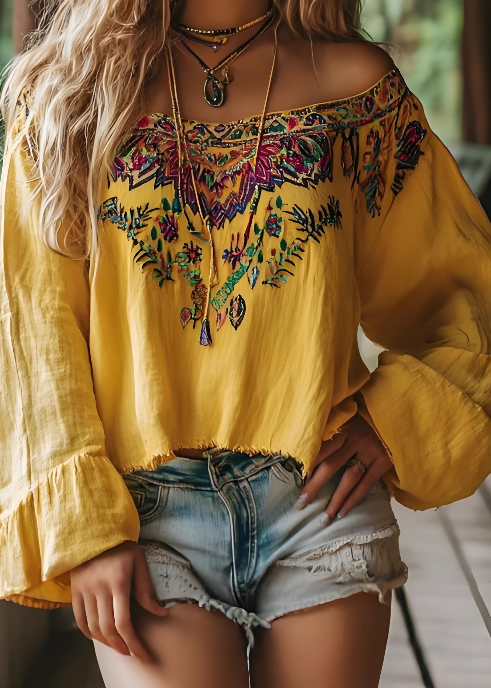 Bohemian Yellow Slash Neck Print Cotton T Shirts Spring