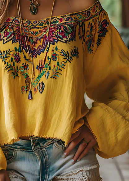 Bohemian Yellow Slash Neck Print Cotton T Shirts Spring