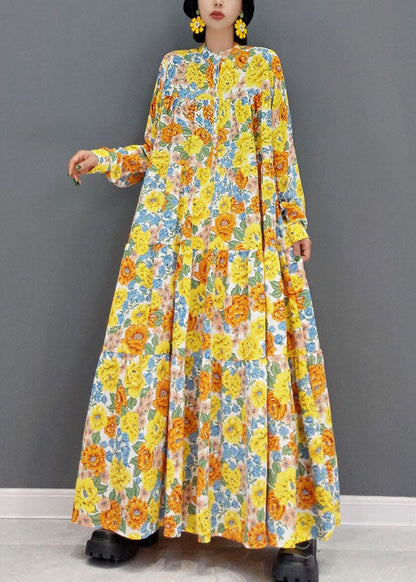 Yellow Stand Collar Print Exra Large Hem Cotton Vacation Dresses Spring