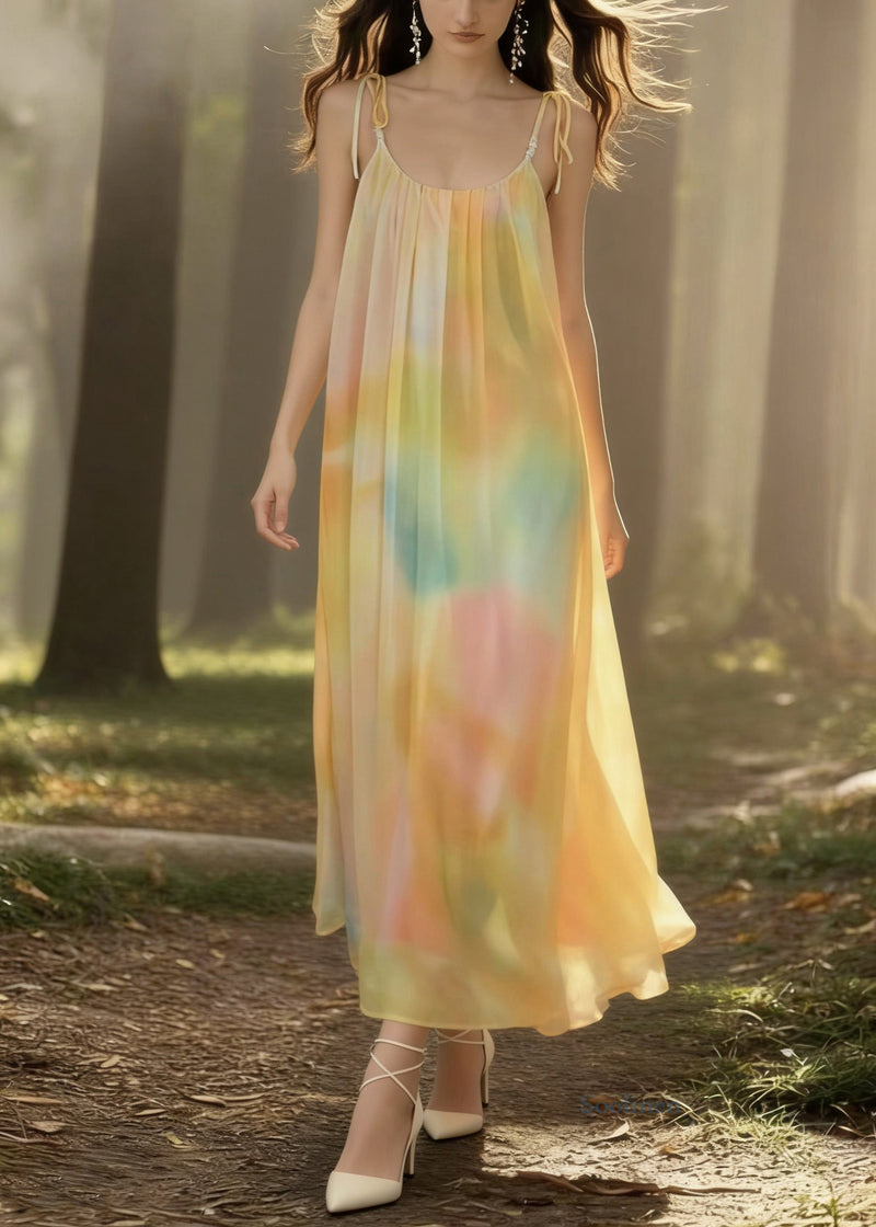Yellow Tie Dye Backless Chiffon Spaghetti Strap Dress Sleeveless