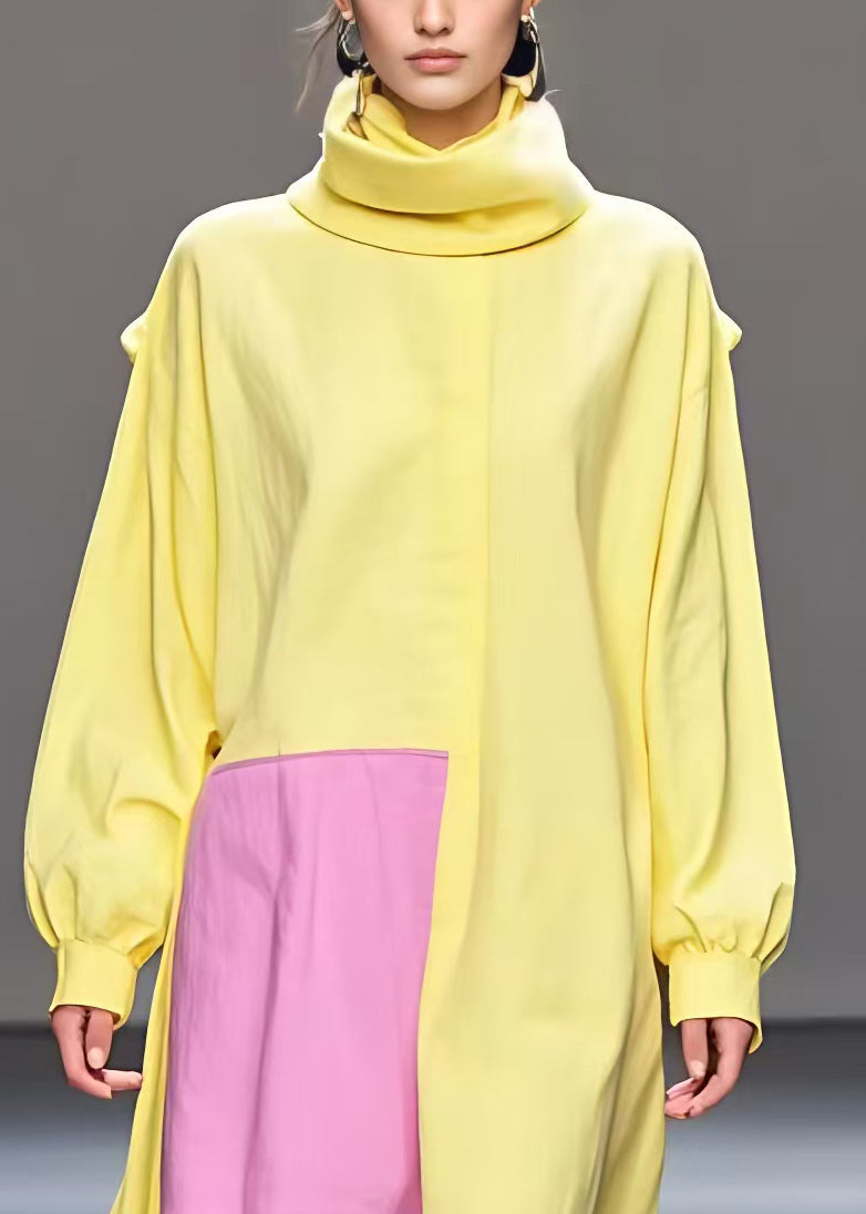 Yellow Turtleneck Low High Design Cotton Dresses Fall