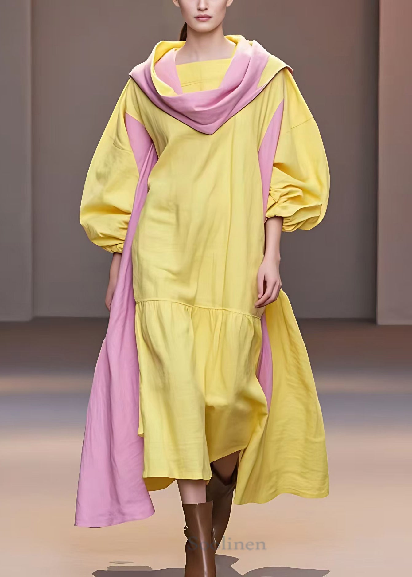 Yellow Turtleneck Patchwork Cotton Long Dresses Fall