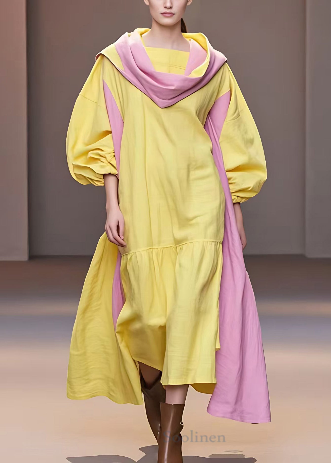 Yellow Turtleneck Patchwork Cotton Long Dresses Fall