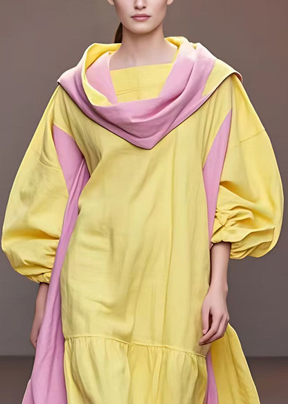 Yellow Turtleneck Patchwork Cotton Long Dresses Fall
