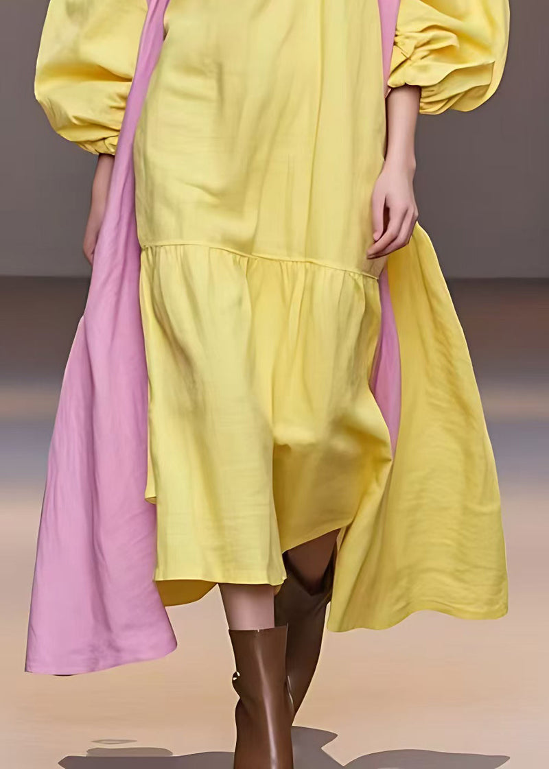 Yellow Turtleneck Patchwork Cotton Long Dresses Fall