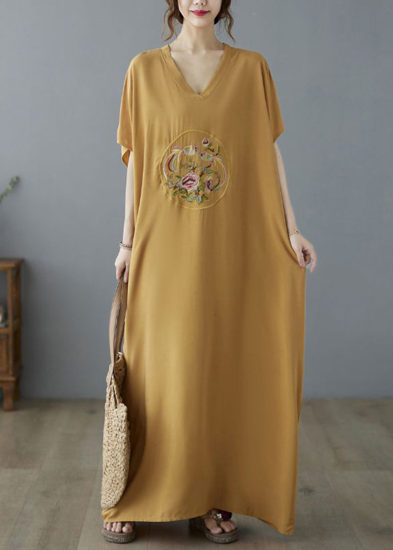 Yellow V Neck Embroideried Cotton Long Dresses Summer