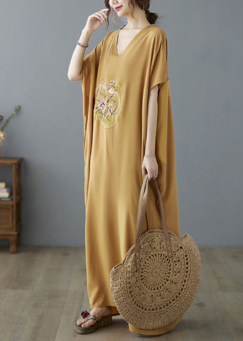 Yellow V Neck Embroideried Cotton Long Dresses Summer