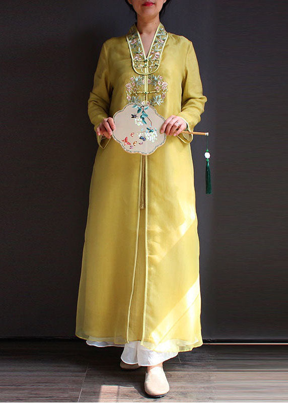 Yellow V Neck Embroideried Patchwork Silk Dress Spring