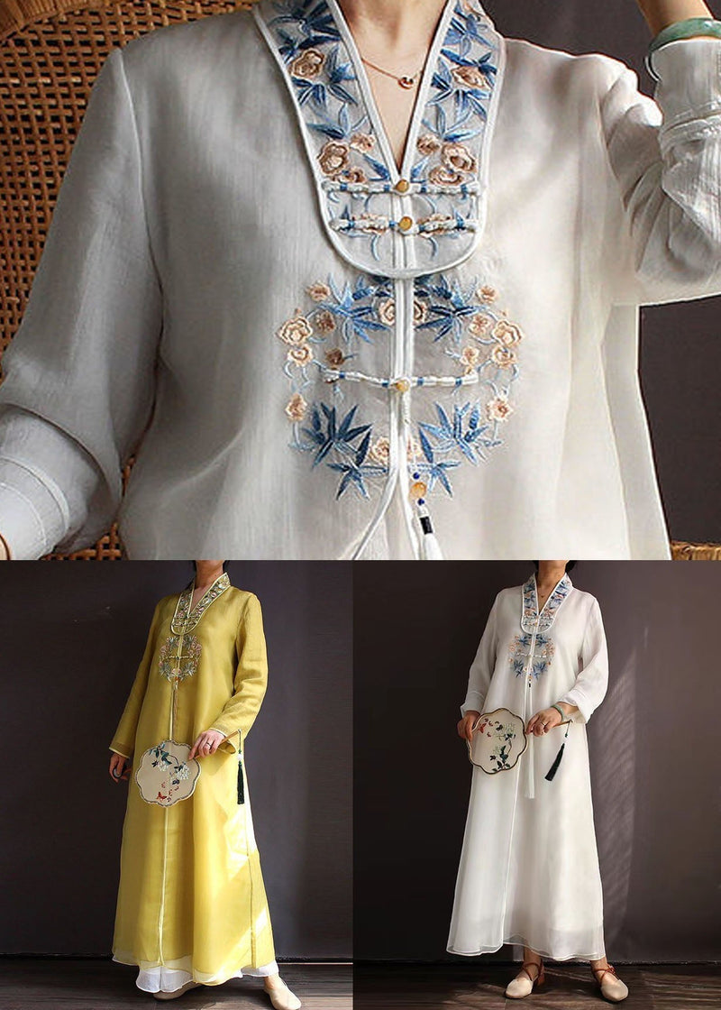 Yellow V Neck Embroideried Patchwork Silk Dress Spring