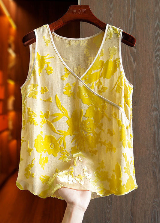 Yellow V Neck Patchwork Print Silk Tanks Sleeveless