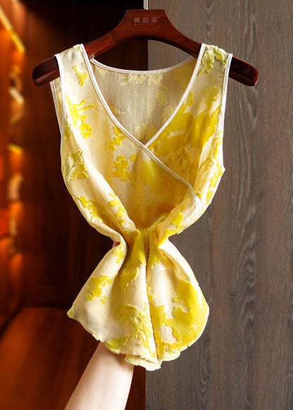 Yellow V Neck Patchwork Print Silk Tanks Sleeveless