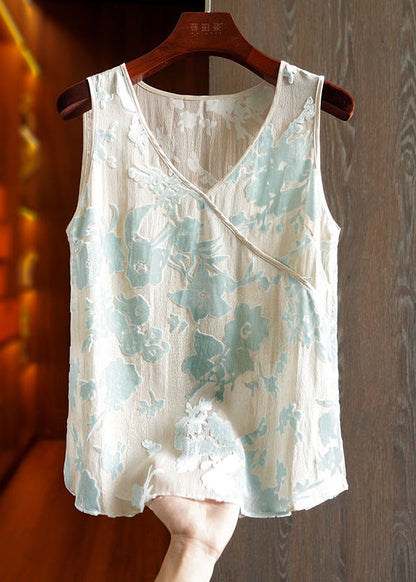 Yellow V Neck Patchwork Print Silk Tanks Sleeveless