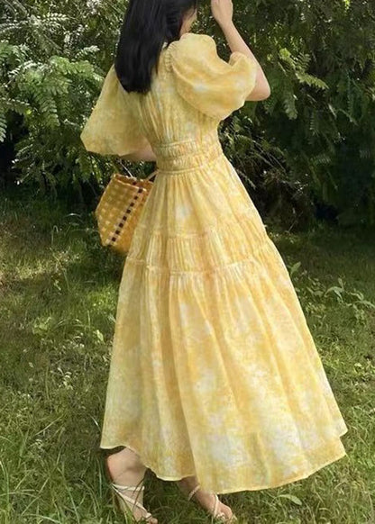 Yellow V Neck Print Chiffon Long Dress Summer