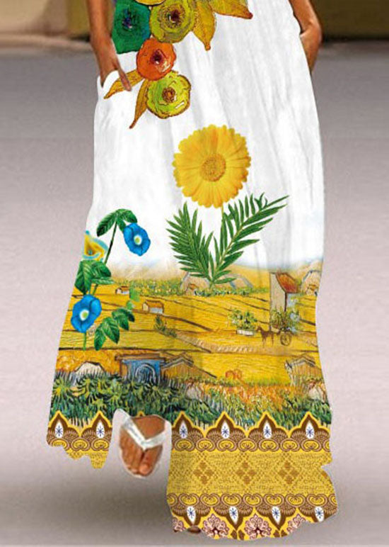 Yellow V Neck Print Chiffon Maxi Dress Sleeveless