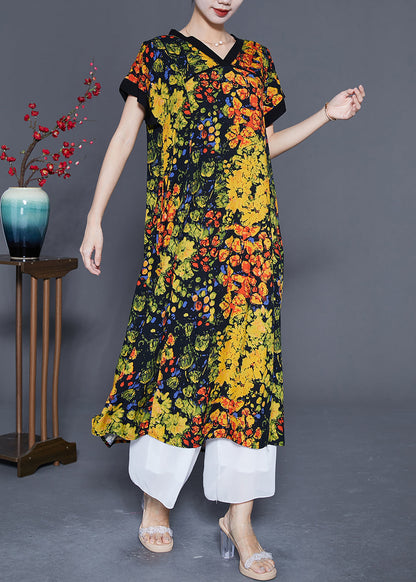 Yellow V Neck Print Cotton Dress Summer