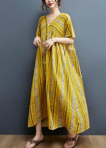 Yellow V Neck Print Cotton Holiday Dress Short Sleeve