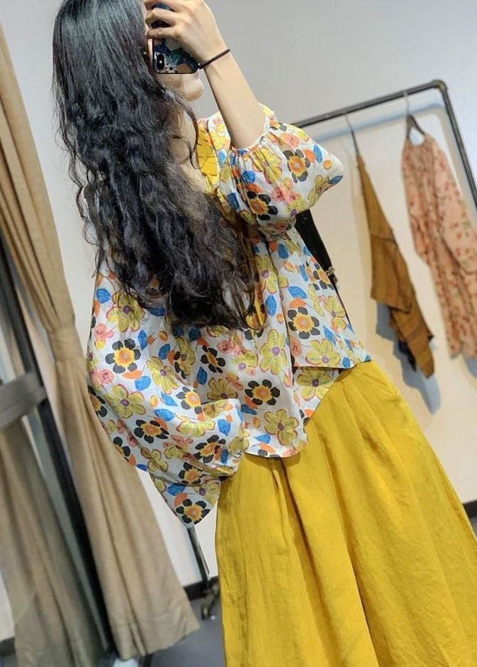 Yellow V Neck Print Lace Up Linen Shirt Tops Spring