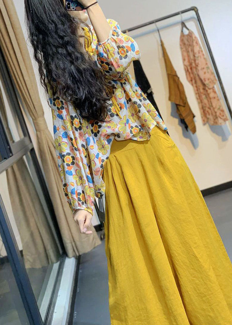 Yellow V Neck Print Lace Up Linen Shirt Tops Spring