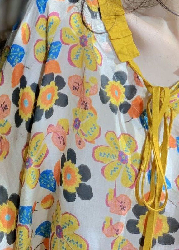 Yellow V Neck Print Lace Up Linen Shirt Tops Spring