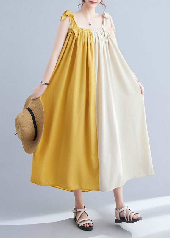 Yellow Wrinkled Patchwork Cotton Summer Beach Dress Sleeveless