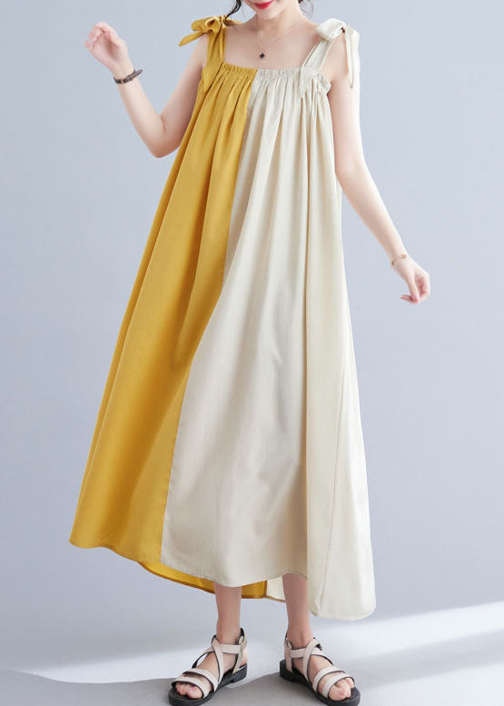 Yellow Wrinkled Patchwork Cotton Summer Beach Dress Sleeveless
