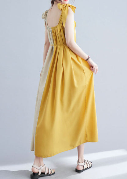 Yellow Wrinkled Patchwork Cotton Summer Beach Dress Sleeveless