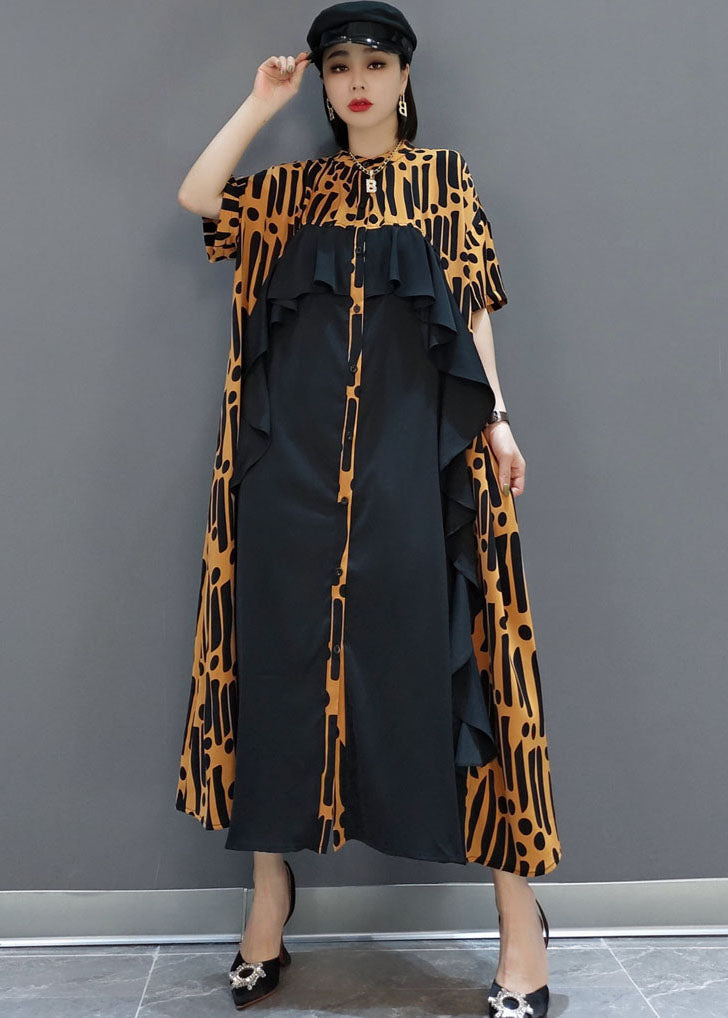 Yellow Button Ruffled Patchwork Chiffon Long Dress Spring